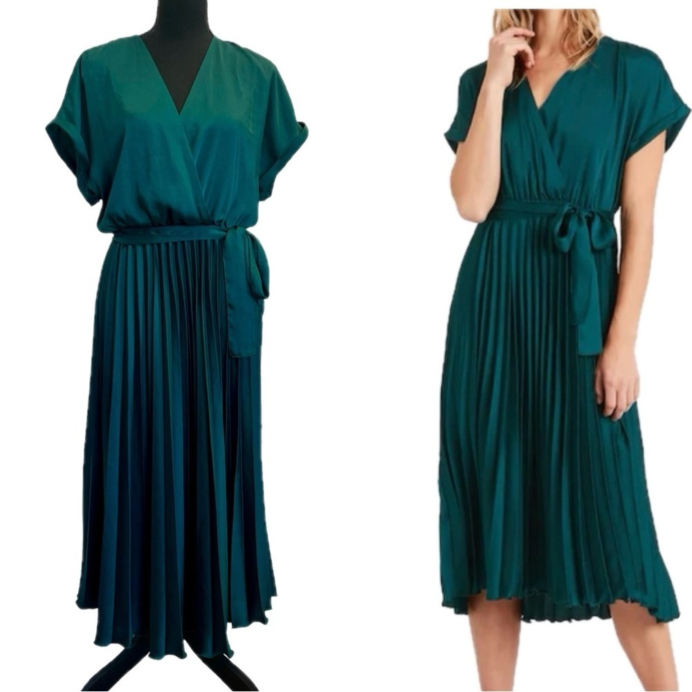 Banana Republic pleated short sleeve V-neck wrap midi dress Glen Green Sz S